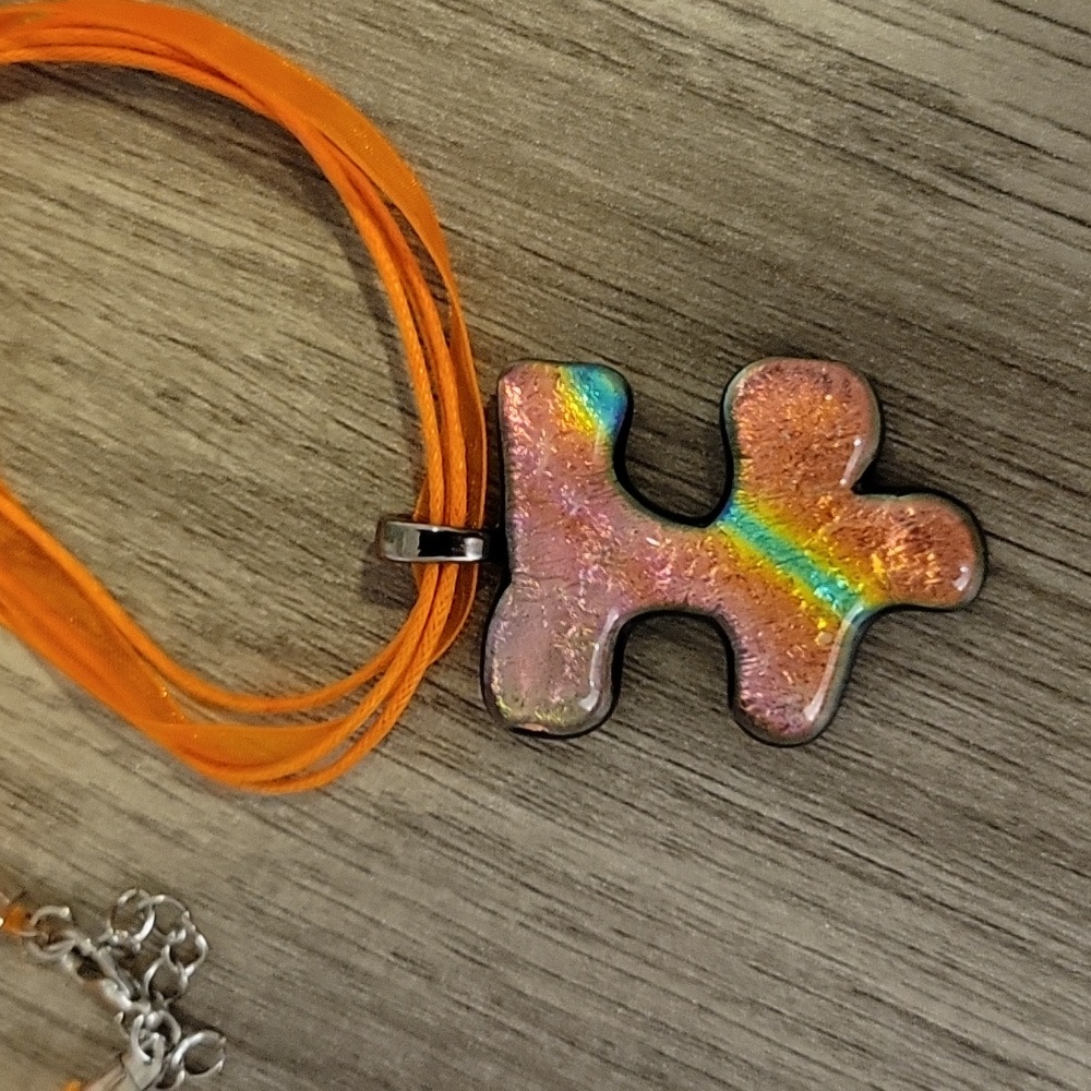 Autism Awareness Orange Multi Fused Glass Handmade Artisan Puzzle Pendant - Picture 4 of 7